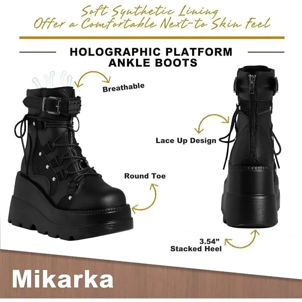Women's Black Lace Up Ankle Studded Buckle Goth Stacked Wedge Combat Ankle Boots